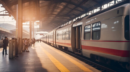 High speed train at railway platform at morning sunset - obrazy, fototapety, plakaty