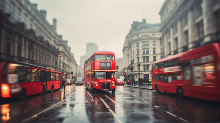 Red double decker bus on a rainy day in London, UK