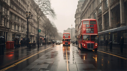Fototapeta na wymiar Red double decker bus on a rainy day in London, UK