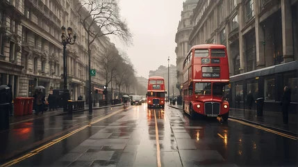 Foto op Canvas Red double decker bus on a rainy day in London, UK © UN