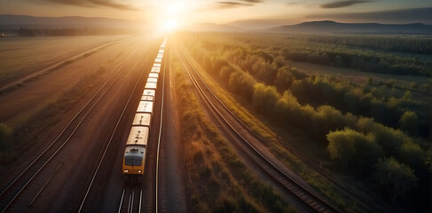 Aerial view of a freight train passing through the forest at sunset. - obrazy, fototapety, plakaty