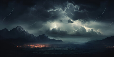 Dark stormy sky with lightning and clouds and mountains with cloudy background
 - obrazy, fototapety, plakaty