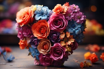  a heart - shaped arrangement of colorful flowers on a wooden table with petals scattered around the edges of the heart, with a blurry background of blurry lights in the background.