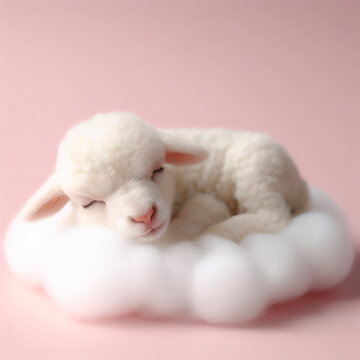 A cute little baby sheep sleeps on a cloud. ai generative