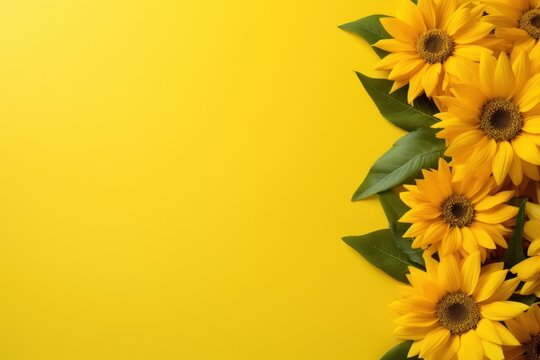  a bunch of yellow sunflowers with green leaves on a yellow background with a place for a text top view, flat lay on a yellow background with copy space.