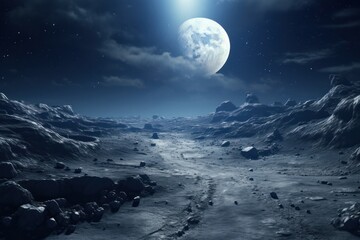 an alien landscape with a full moon in the sky and a path leading to the moon in the middle of the sky, with rocks and snow on the ground. - obrazy, fototapety, plakaty