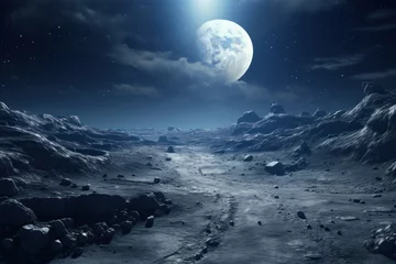 Papier Peint photo Pleine lune  an alien landscape with a full moon in the sky and a path leading to the moon in the middle of the sky, with rocks and snow on the ground.