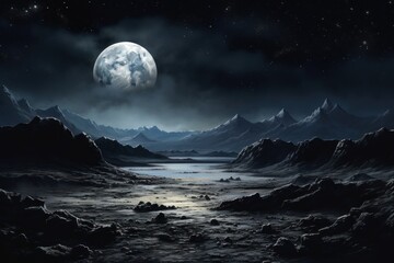  a night scene with a full moon in the sky and a mountain range in the foreground with a body of water in the foreground and mountains in the background.