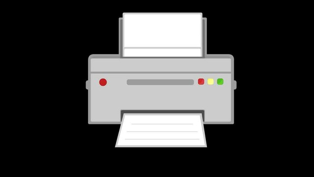video animation of printer printing a sheet of paper, on a transparent background with zero alpha channel