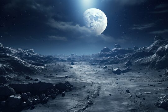  an alien landscape with a full moon in the sky and a path leading to the moon in the middle of the sky, with rocks and snow on the ground.