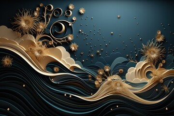  a computer generated image of a wave with gold stars and snow flakes on a dark blue background with gold stars and snow flakes on the top of the waves.