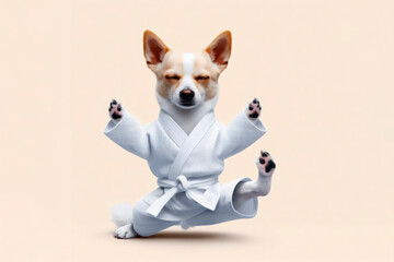 Funny dog in white kimono exercising yoga or Asian martial arts. Legs wide stance, paws in air. ai generative
