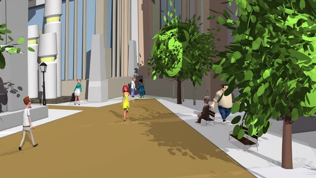 3d animation, many cartoon characters walking on the street