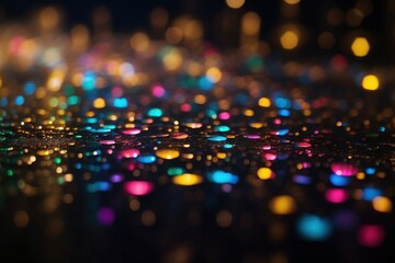 Multicolor bokeh, raining light, blurry lights, blurry background, rainbow confettis on a black background, colorful, night lights, city lights, haze, depth of field, round bokeh, circle bokeh