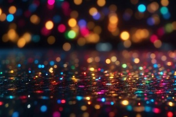 Multicolor bokeh, raining light, blurry lights, blurry background, rainbow confettis on a black background, colorful, night lights, city lights, haze, depth of field, round bokeh, circle bokeh