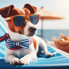 jack russell terrier dog with sunglasses sunbathing on sun lounger. summer and vacation concepts. ai generative - obrazy, fototapety, plakaty