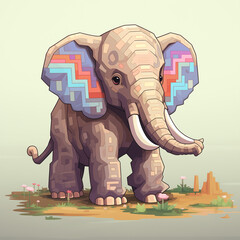 modern colorful baby elephant standing mighty on a prairie, modern art