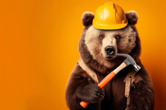 Photo of a Bear in a builder helmet with a jackhammer on solid color background. ai generative