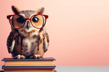 photo of an old owl with glasses sits on a stack of books on a color solid background. ai generative