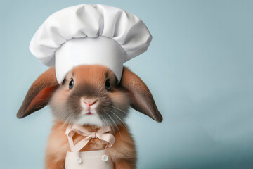 Photo portrait of happy cute hare dressed as chef on solid color background. ai generative