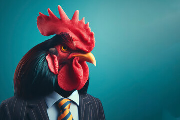 Portrait of a angry Rooster wear business suit isolated on color bright background. ai generative - obrazy, fototapety, plakaty