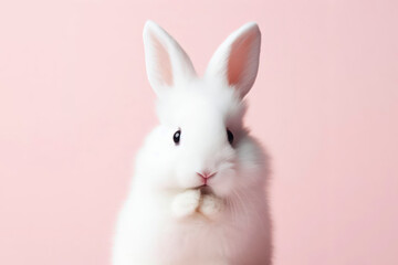 Portrait of a white cute rabbit with surprised expression on a pink background. ai generative