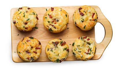 Savory Muffins with Cheese and Bacon, Freshly Baked Tasty Snack on White Background
