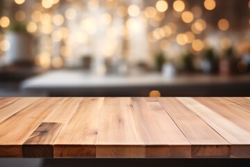 Vacant exquisite wooden table surface with out-of-focus contemporary kitchen backdrop in pristine and well-lit setting, perfect for product photography.