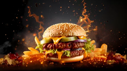 Foto op Plexiglas Fresh crispy fried chicken burger sandwich with flying ingredients and spices hot ready to serve and eat food commercial advertisement menu banner with copy space area - Generated by Generative AI   © Zubenko Oleksii