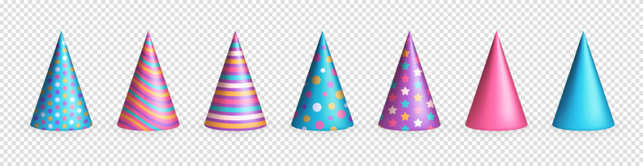 Set of 7 three dimensional realistic bright colorful birthday hats or party paper caps in cone shape with pattern. Purple, blue and pink party hats clipart for celebration event, anniversary