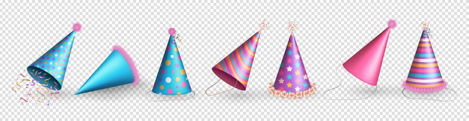 Collection of realistic 3d blue, pink, purple Birthday party hat with various patterns, fluffy fur and colorful ribbons on transparent background. Cute party cones for festival, carnival, celebration