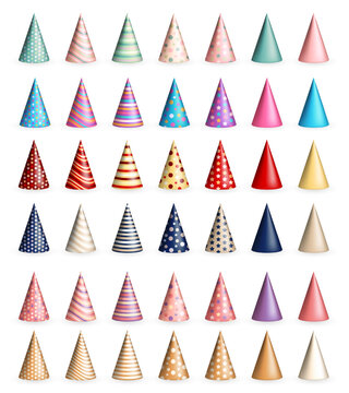 Big set of 42 realistic colorful 3d birthday hats or party paper caps in cone shape. Blue, red, pink, green, purple, golden party hats with multicolored various pattern for celebration, anniversary