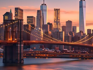 Brooklyn Bridge and Manhattan skyline at sunset, New York City.