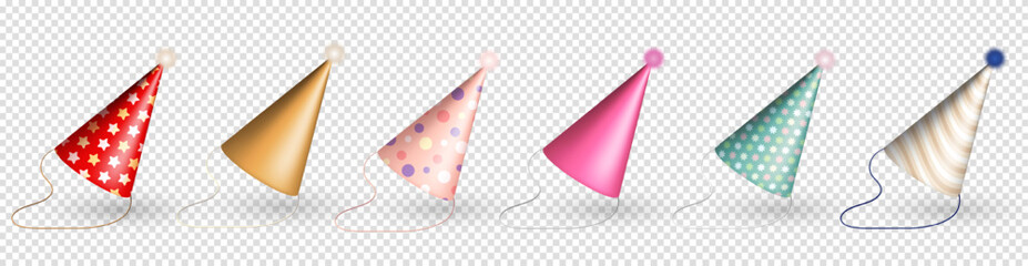 Set of 3d realistic colorful party hats clipart for birthday celebration. Three dimensional isometric birthday caps, festive glossy party cones with fluffy pompon ball for carnival, masquerade event