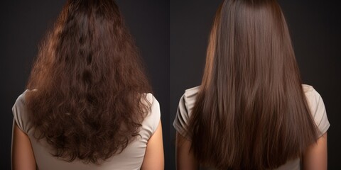 Woman's hair damaged by heat, before and after keratin treatment in studio. - obrazy, fototapety, plakaty