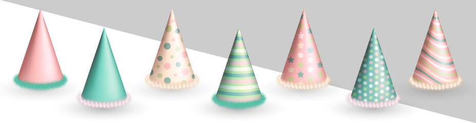 Collection of realistic 3d pastel pink, green and beige Birthday party hats with various patterns, colorful fluffy fur on transparent background. Cute party cones, paper caps for festival, carnival