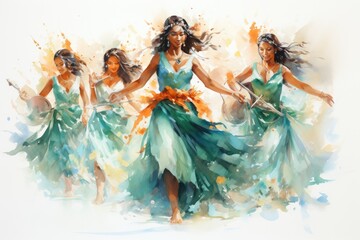 Hula dancing hawaiiana dancers, watercolor. - obrazy, fototapety, plakaty