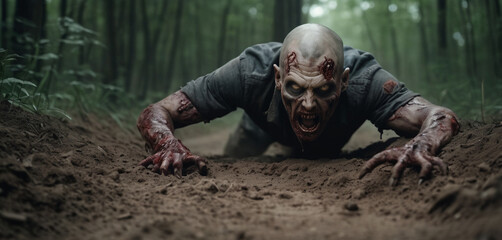 Zombie crawls on the ground. Creep and fear. Horror