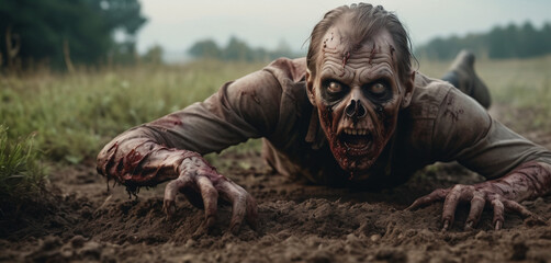 Zombie crawls on the ground. Creep and fear. Horror