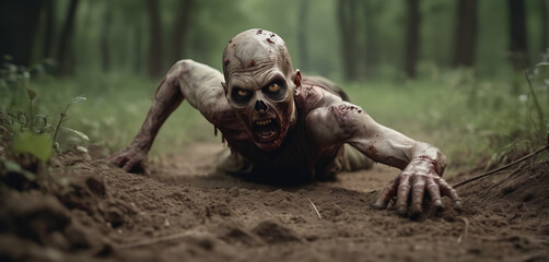 Zombie crawls on the ground. Creep and fear. Horror