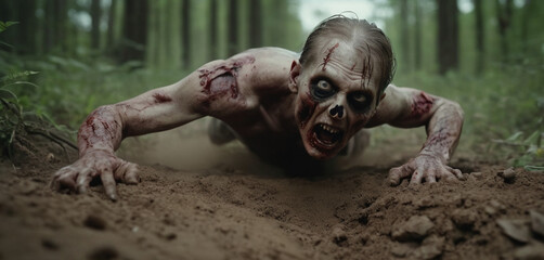 Zombie crawls on the ground. Creep and fear. Horror