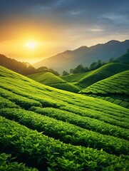 Sunrise over a verdant tea farm, natural landscape. - obrazy, fototapety, plakaty