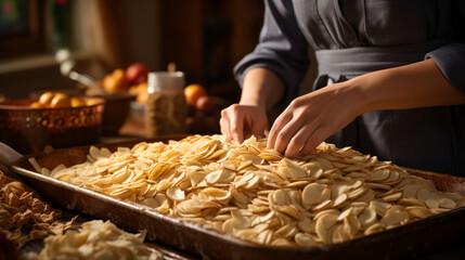 Obraz na płótnie Canvas A baker's hands meticulously preparing an apple pie, rolling out dough, arranging apple slices, and expertly crimping the edges