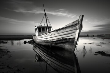  a black and white photo of a boat sitting on the shore of a body of water with a cloudy sky in the background and a few clouds in the distance.