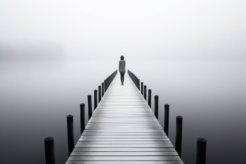  a person standing on a pier in the middle of a body of water with poles in the foreground and a foggy sky in the background, with a person standing on the end of the end.