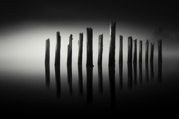  a black and white photo of a row of wooden posts in the water on a foggy day with a black and white photo of a row of wooden posts in the water.