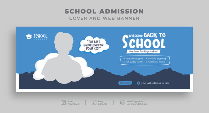 Facebook cover and web banner for school admissions, kids' online education social media posts, or back-to-school banners