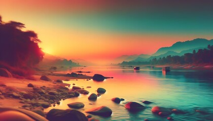 Gradient color background image with a tranquil riverside sunset theme