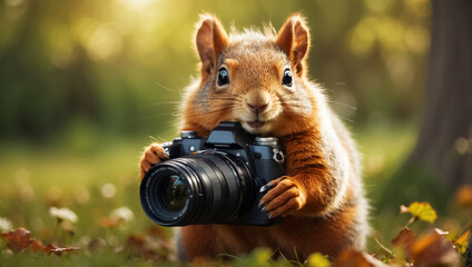 Cute funny squirrel with a camera in the park