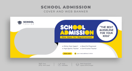 Facebook cover and web banner for school admissions, kids' online education social media posts, or back-to-school banners